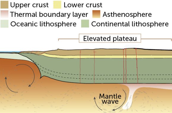 A diagram showing a 2D view of the crust breaking apart and the end of a continent peeling off. The surface above is raised, forming a plateau.